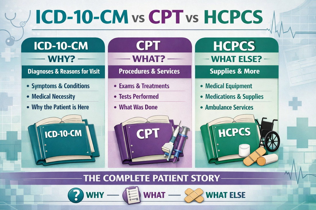 ICD‑10‑CM vs CPT vs HCPCS: The Clearest Explanation You’ll Ever Read